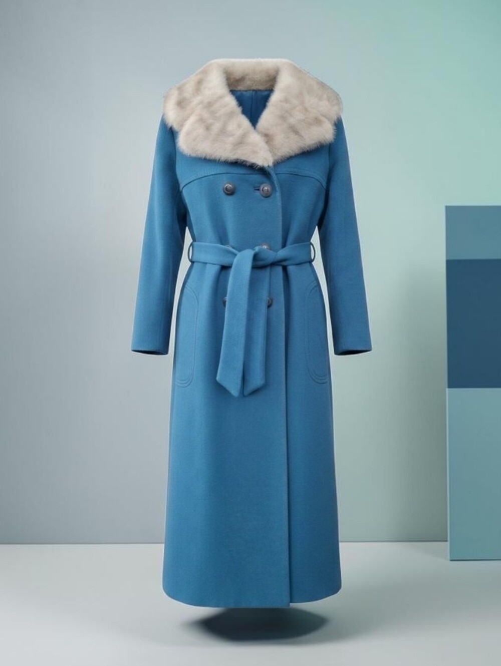Vintage Blue Roth-Stern 100% Virgin Wool Mink Fur Collar Coat Jacket Size S/M